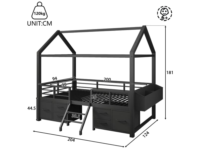  Lit surélevé 90x200 cm noir avec toit maison, tiroirs en tissu et led  - Conforama C