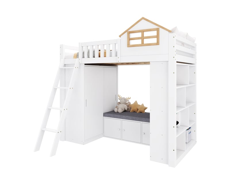  Lit mezzanine enfant 90x200 cm, armoire, banquette, échelle, pin et mdf, blanc et naturel, avec matelas non inclus  - Conforama A