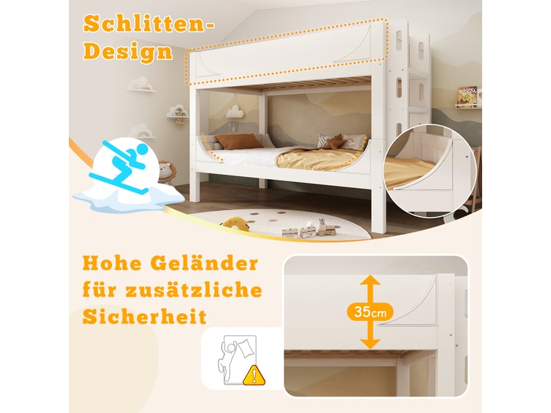 Lit superposé séparable 90x200 cm avec échelle modulable, design traîneau, transformable en deux lits simples, blanc - Conforama E