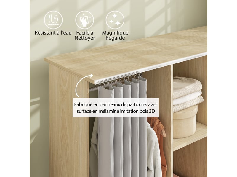  Armoire penderie meuble de rangement mobile 6 roulettes 120l x 40l x 128h cm en bois naturel  - Conforama E