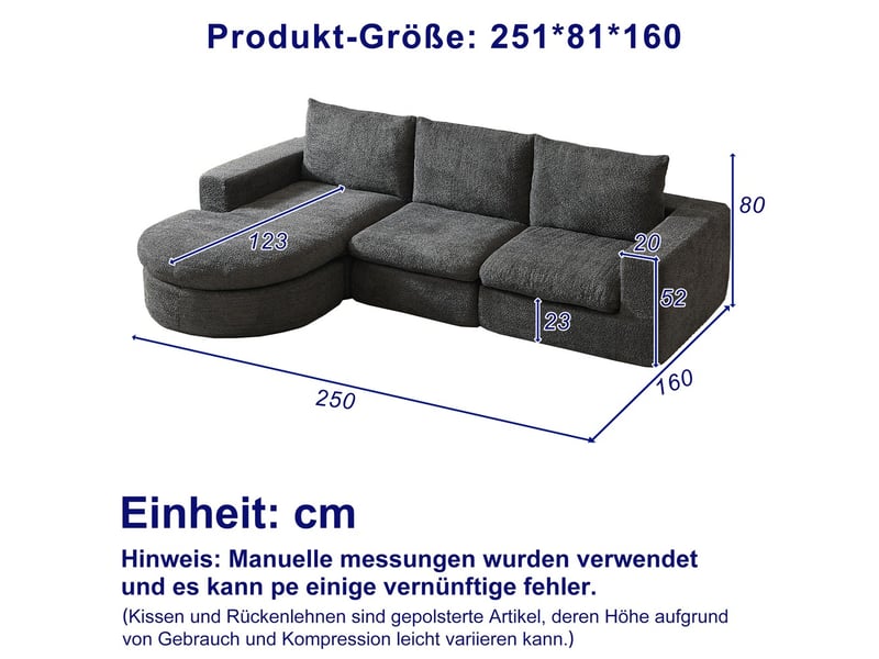  Canapé d'angle modulaire en tissu chenille avec élément courbe et chaise longue, mousse compressée, sans montage  - Conforama C