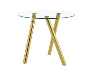 Table de salle à manger ronde fixe en verre trempé avec pieds en métal doré, finition brillante, 89 × 89 × 76 cm