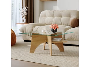 Table basse carrée avec plateau en verre trempé et tablette de rangement - structure mdf décor bois - transparent
