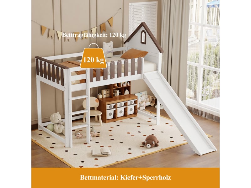  Lit mezzanine enfant avec toit, fenêtre, échelle droite 3 marches et toboggan, pin et mdf blancnoyer 90x200cm  - Conforama E