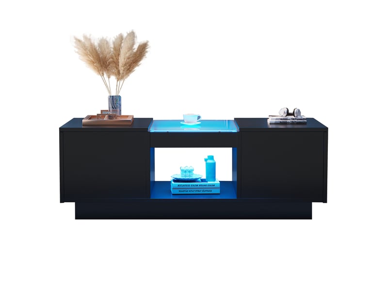  Table basse noire avec led 100x50 cm, plateau en verre, 2 tiroirs et compartiment ouvert, contrôle par application bluetooth  - Conforama A