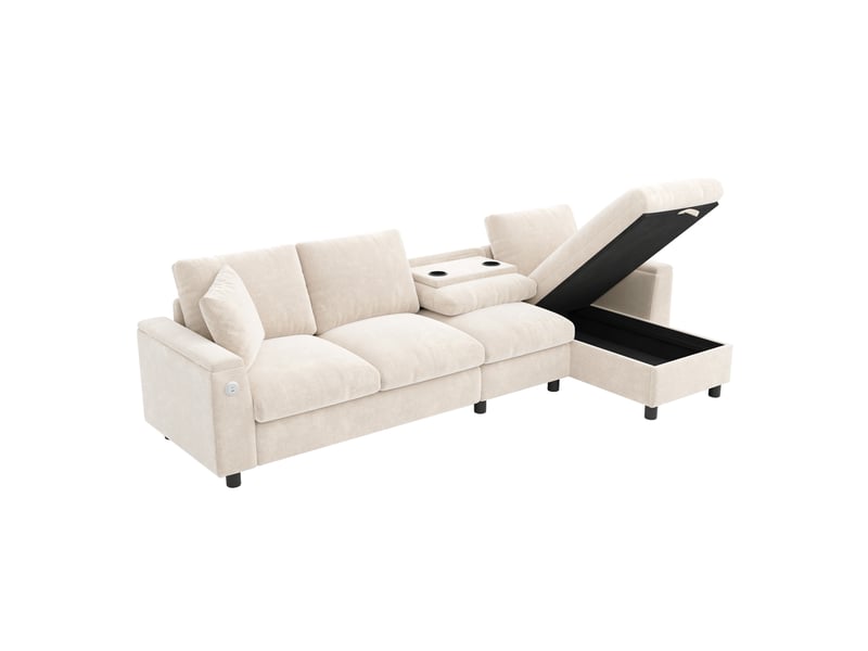 Canapé d'angle réversible fixe 4 places tissu beige coffre de rangement canapé d'angle beige - Conforama A