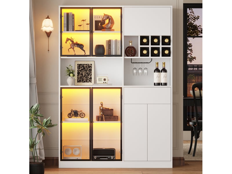  Vitrine 140 x 30 x 200 cm – blanc – led bluetooth, rangements multiples et verre trempé  - Conforama D