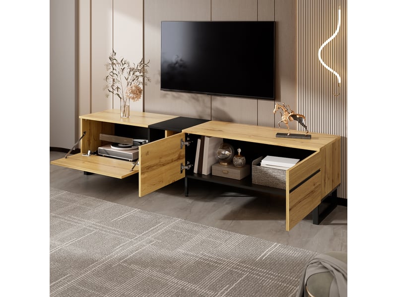  Meuble tv avec 2 portes, abattant et niche ouverte pour salon 180×38×45 cm en panneaux de particules bois  - Conforama C