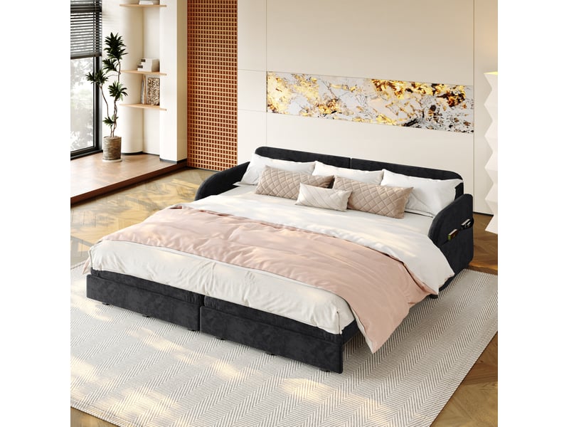  Canapé-lit 3 places 206 x 84 cm – noir – convertible 3-en-1, rangements latéraux et coussins  - Conforama E
