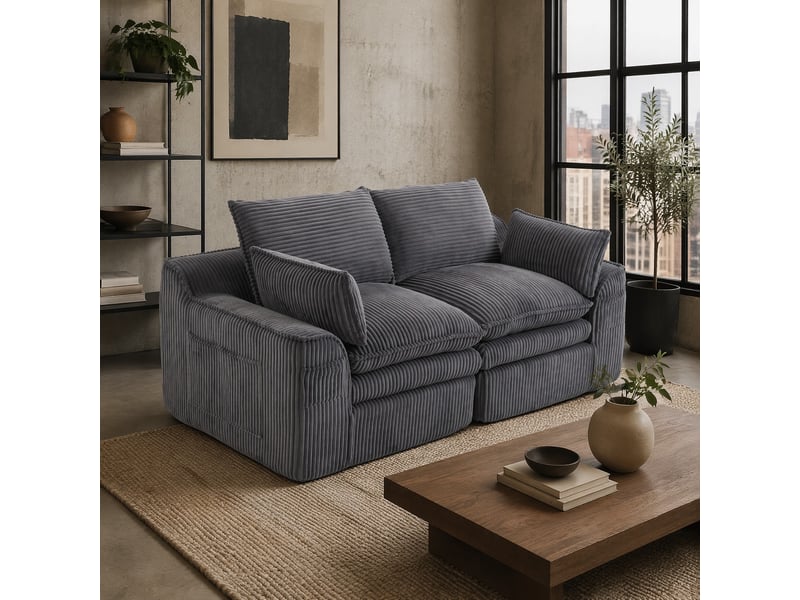  Canapé modulable 2 places en velours côtelé gris foncé avec coussins et poches latérales  - Conforama C