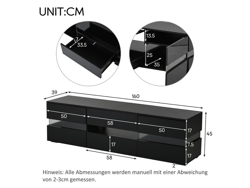  Meuble tv 160x39x45 cm, panneau de particules noir laqué, rangement avec insert acrylique, 2 portes et 1 tiroir à ouverture push, led intégrée  - Conforama C