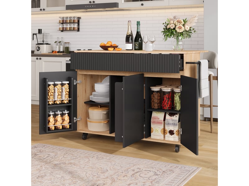  Îlot de cuisine mobile avec plateau rabattable, desserte noire et naturelle 120 x 65 x 91 cm  - Conforama W