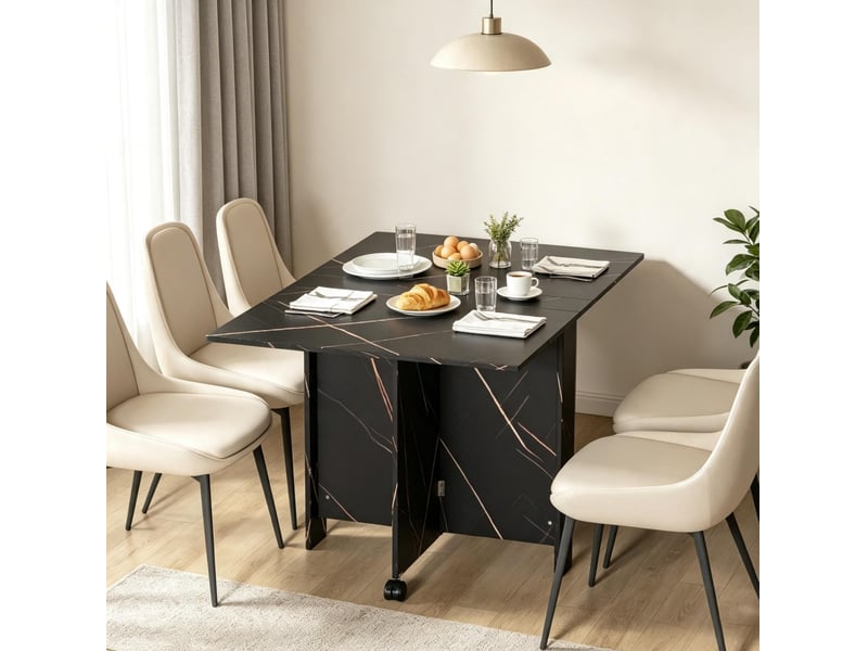  Table à manger pliante multifonctionnelle noire imitation marbre 120 x 80 cm, avec roulettes, pour six personnes  - Conforama E