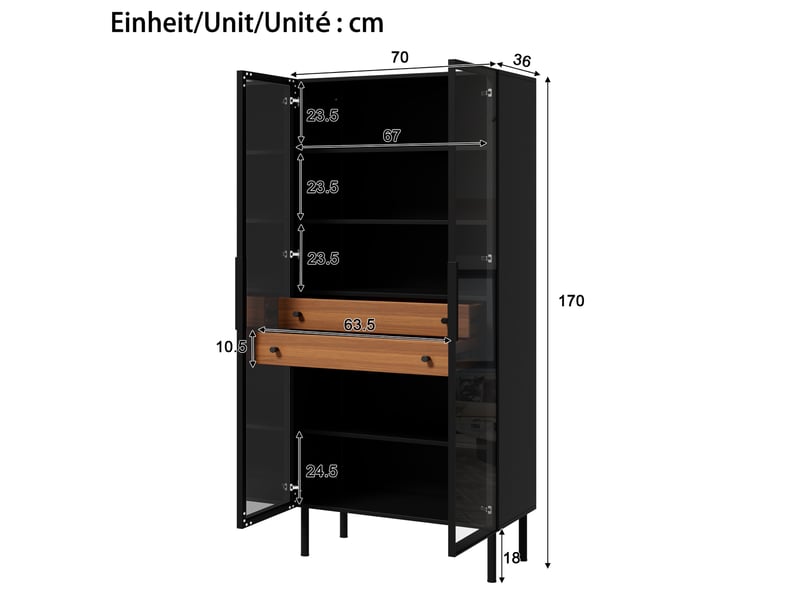  Vitrine d'exposition - 70x36x170cm - vitrine de salon avec led, vaisselier 2 portes en verre, 2 tiroirs &amp; étagères - noir &amp; chêne  - Conforama E