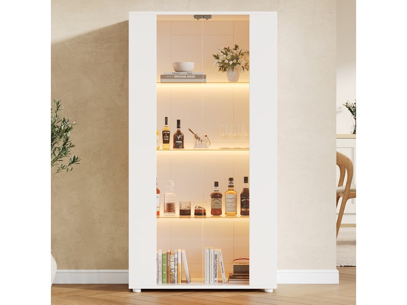  Vitrine blanche moderne 2 portes en verre avec éclairage led réglable, 4 étagères, 80x36x150 cm  - Conforama R