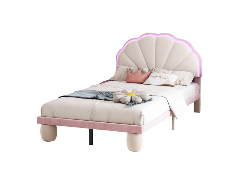 Lit enfant 90x200 cm - lit simple avec éclairage led, design capitonné, tissu velours, sans matelas - beige et rose - Conforama A