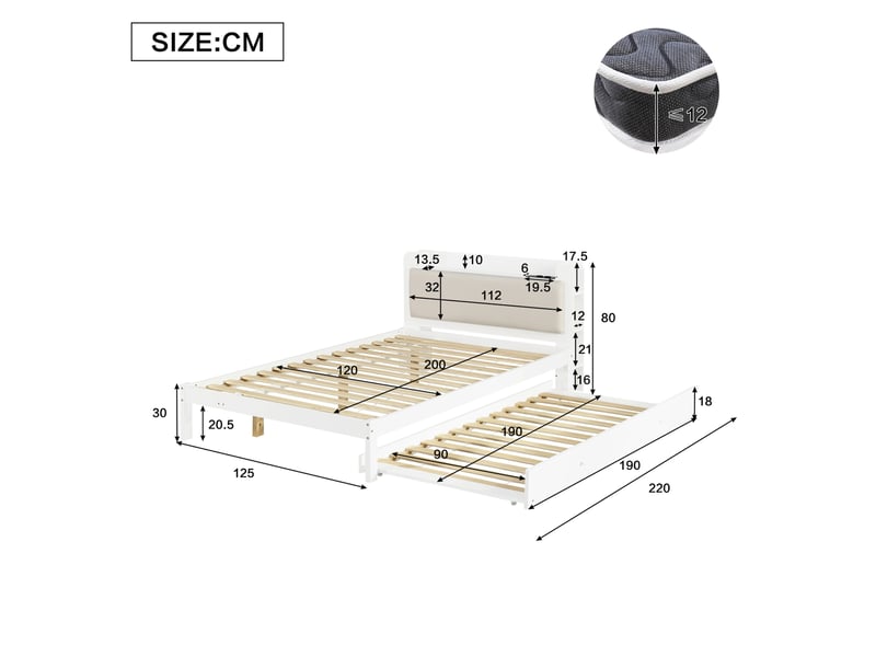  Lit fonctionnel 120x200 cm blanc avec lit gigogne 90x190 cm et tête de lit  - Conforama C