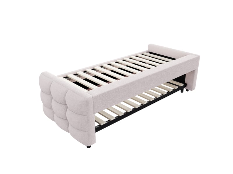  Lit gigogne 1 ou 2 places en tissu teddy beige, couchage extensible 90x190 et 180x190 cm, sans matelas  - Conforama E