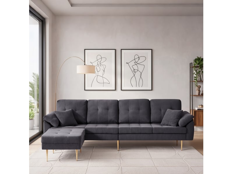  Canapé 4 places 250x70x87 cm avec pouf amovible en velours côtelé gris foncé  - Conforama C