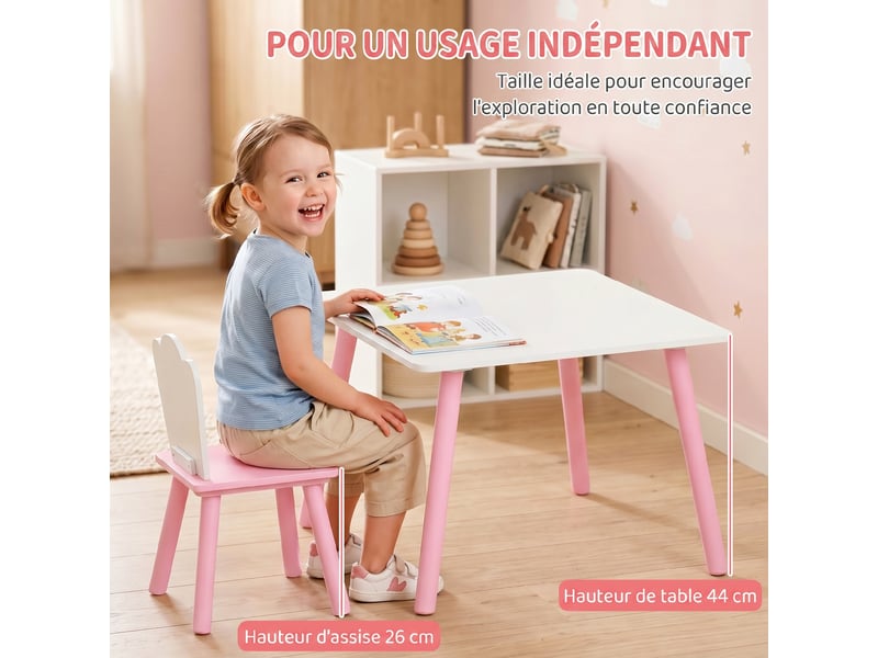 Table enfant avec chaise, ensemble table et 2 chaises en bois pour dessiner, jouer, rose, étudier  - Conforama E
