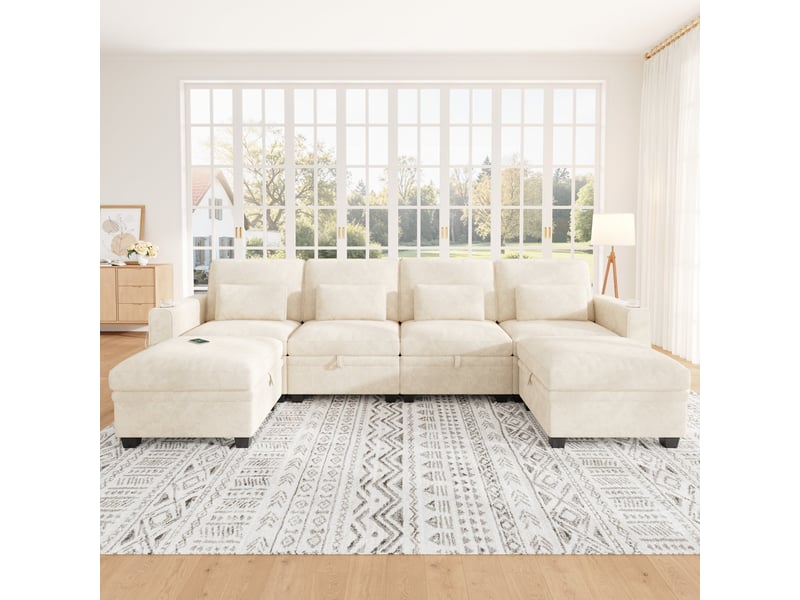 Canapé d’angle modulable convertible 6 places en chenille beige, coffres, 2 poufs, usb-c et dossier réglable - Conforama B