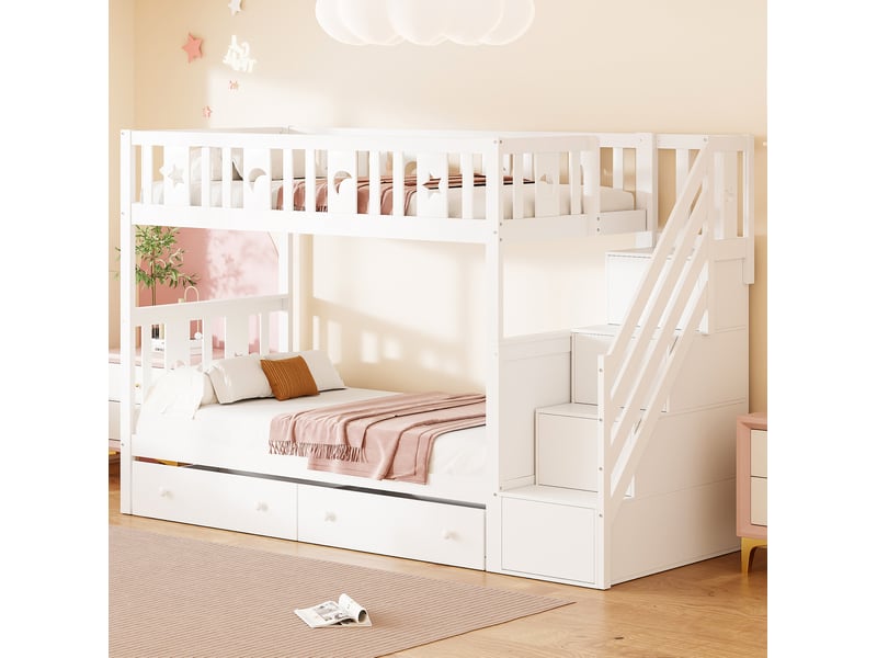  Modenvie lit superpose enfant 90x200 cm - avec escalier de rangement, sommier inclus, sans matelas - blanc  - Conforama B