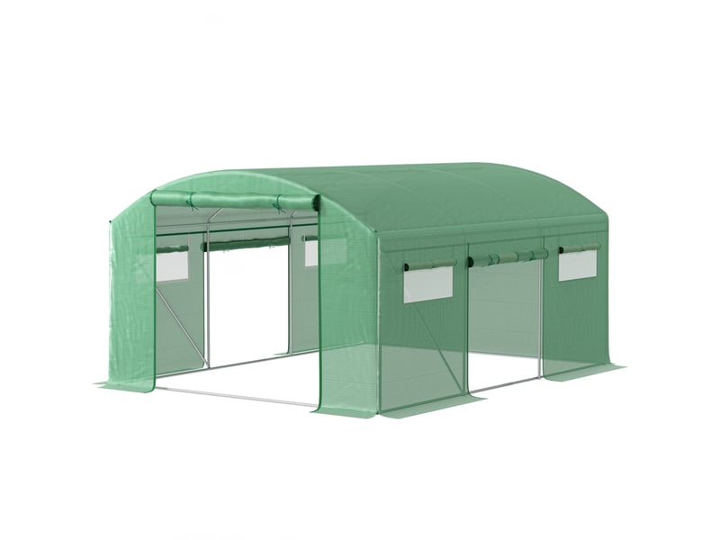  Serre tunnel de 4 x 3 x 2 m avec 6 fenêtres, 3 portes sectionnelles, couverture en polyéthylène et structure en acier galvanisé vert  - Conforama B