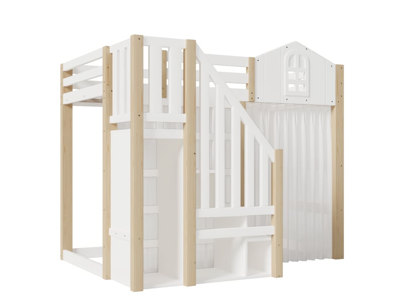 Lit mezzanine enfant 90x200 cm, avec lit simple, sommier, rangement, led, bois et mdf, blanc et naturel, sans matelas - Conforama E