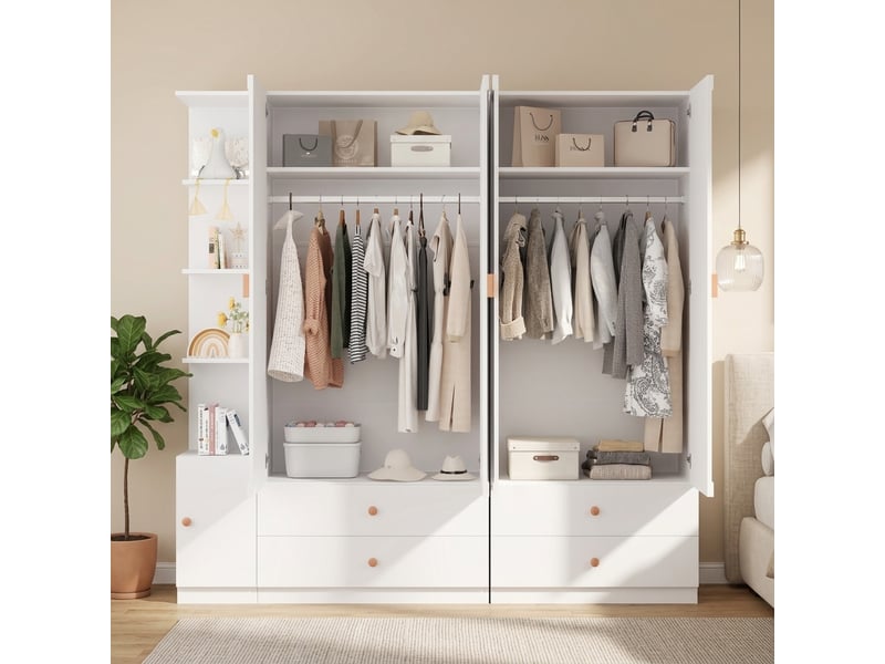 Grande armoire 200 x 225 x 45 cm, blanche, armoire 3 tringles et 4 tiroirs, grand rangement design pour chambre, chambre enfant, couloir et bureau - Conforama E