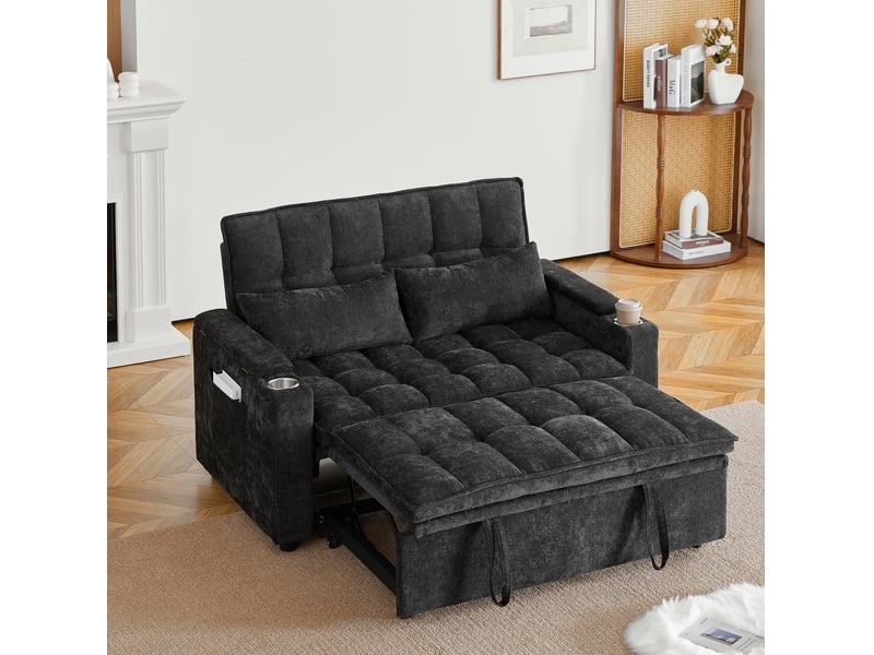  Canapé 2 places 3-en-1, canapé convertible 142x89x89 cm en chenille noire avec rangement  - Conforama B