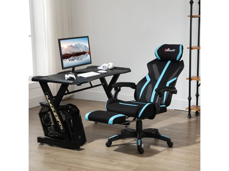  Chaise gaming noire et bleue avec repose-pieds rétractable dossier inclinable appui-tête et réglage en hauteur dimensions 65x65x119-129 cm  - Conforama B