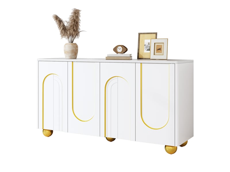  Buffet 4 portes avec rangement et fermeture amortie - lpospi - pieds métal ronds, mdf et panneaux de particules blanc 140 × 40 × 74 cm  - Conforama A