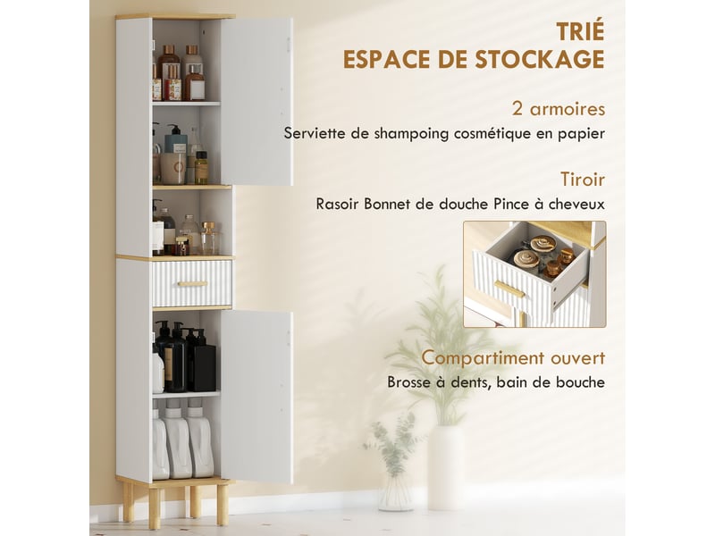  Meuble colonne salle de bain, meuble de rangement étroit avec 2 portes, tiroir, blanc, compartiment ouvert  - Conforama E
