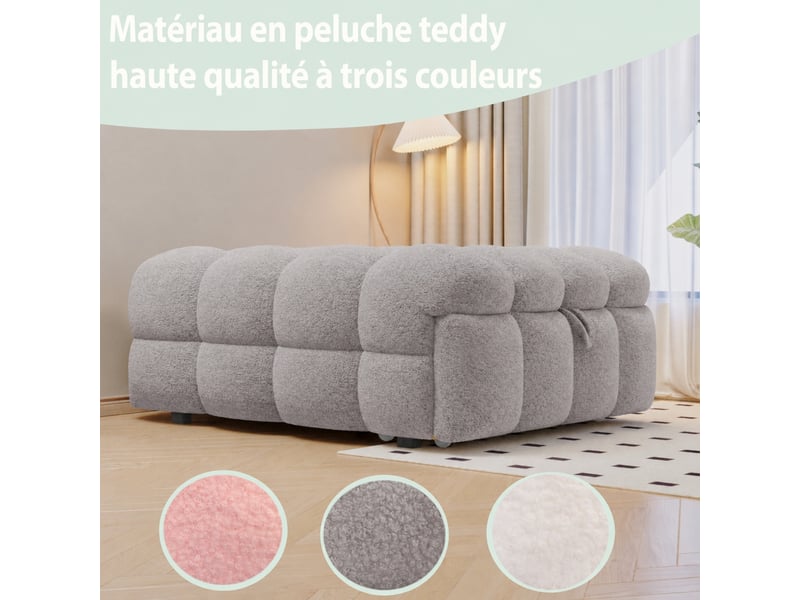  Pouf-lit convertible 2-en-1 une place, 183 cm, bouclé gris – couchage sans matelas supplémentaire  - Conforama E