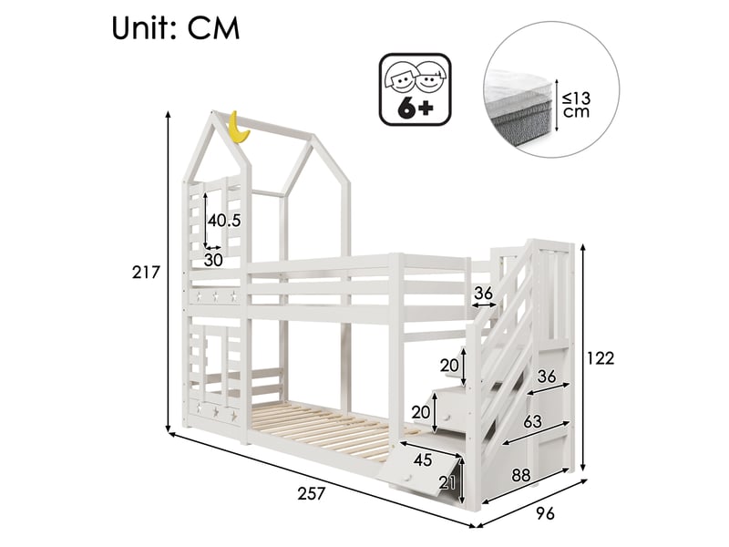  Lit superposé enfant cabane 90 x 200 cm, 2 sommiers, rangements et tiroirs, blanc  - Conforama C