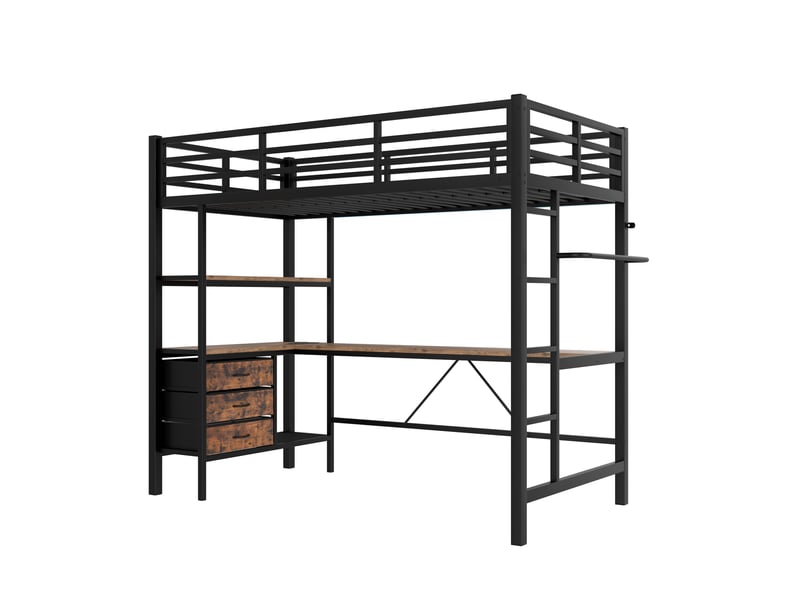  Lit mezzanine enfant 90x200 cm avec barrières et escalier, lit enfant superpose avec bureau et 3 tiroirs, lit simple led, noir  - Conforama B