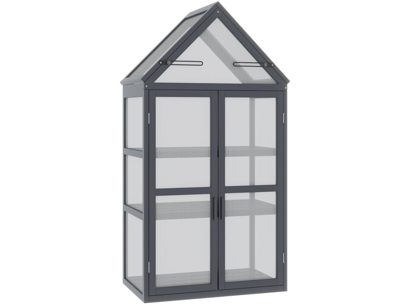 Serre de jardin mini à 3 niveaux en bois gris, portes verrouillables et toit ouvrant, 70,5 x 42 x 132 cm - Conforama A