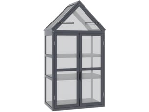 Serre de jardin mini à 3 niveaux en bois gris, portes verrouillables et toit ouvrant, 70,5 x 42 x 132 cm