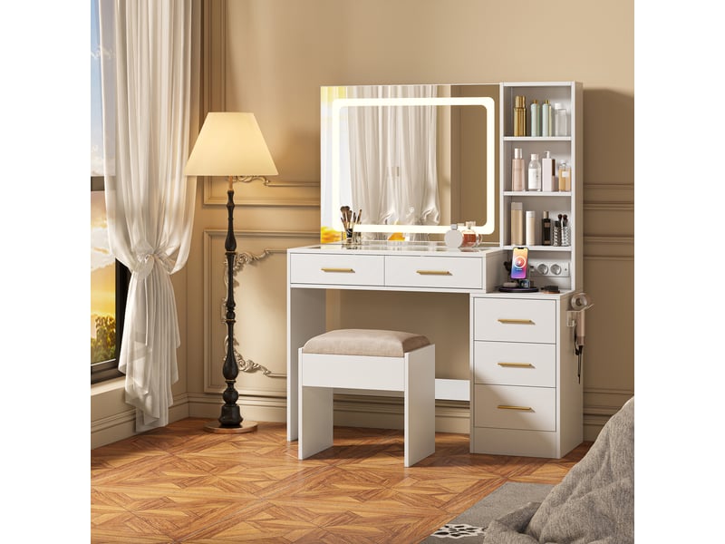  Coiffeuse maquillage avec tabouret - 110 x 36 x 140 cm - blanc - table de maquillage avec plateau en verre, grand miroir led, tiroirs et étagères  - Conforama E