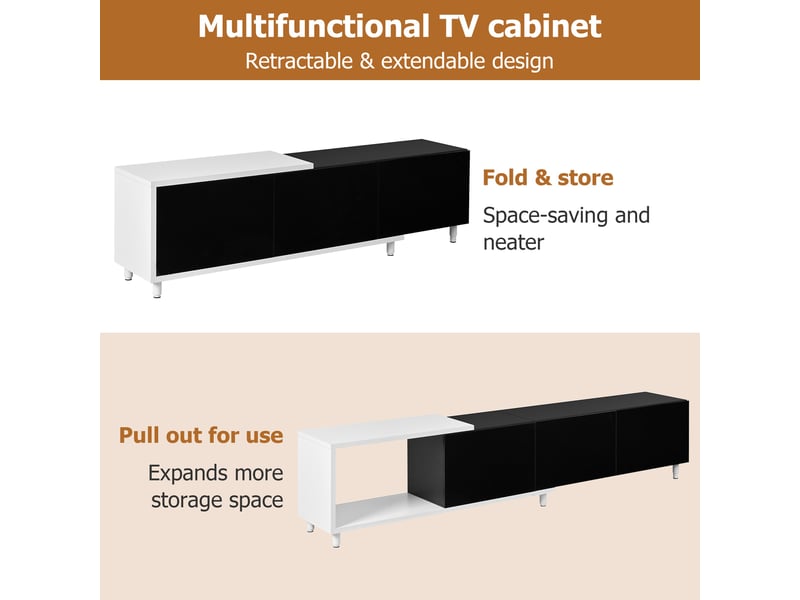  Meuble tv noir, rangement, fermeture douce, extensible, design moderne, structure robuste - 258x38x48.5cm - salon  - Conforama D