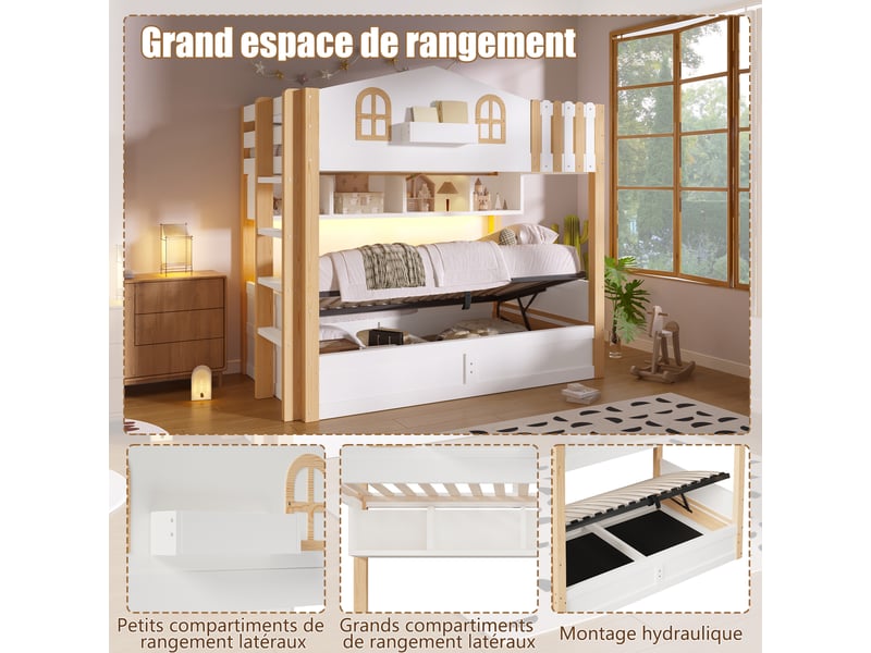  Lit superposé 90×200 cm avec led, rangement hydraulique et étagères, pin et mdf blanc et chêne sans matelas  - Conforama C