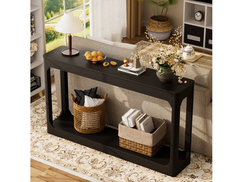  Console de rangement de 140 cm avec étagère ouverte à 2 niveaux pour salon, entrée et couloir en mdf noir  - Conforama D