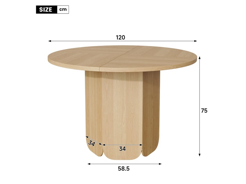  Ensemble table ronde 120 cm + 4 chaises pivotantes 360° avec accoudoirs, chenille blanc crème, coloris chêne, style scandinave, 4-6 personnes  - Conforama C