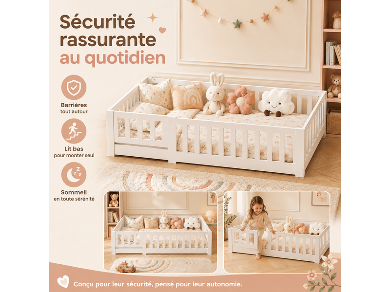  Lit enfant - cadre de lit au sol - 90 x 200 cm - bois de pin massif - avec barrière de sécurité et porte -  lit au sol enfant 90x200 cm - lit simple avec sommier à lattes - protection contre les chutes - lit au sol pour enfant -…  - Conforama E