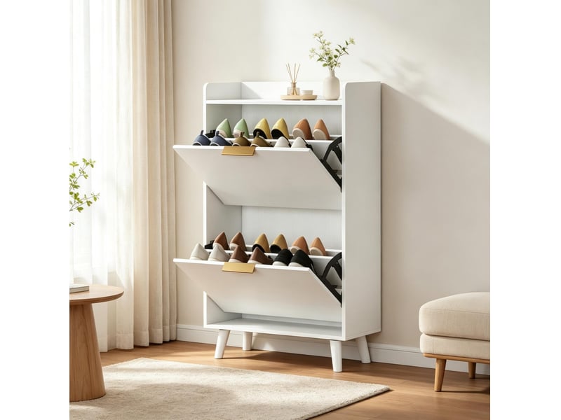  Meuble à chaussures blanc 70x30x120 cm, 2 portes abattantes, jusqu’à 12 paires  - Conforama C