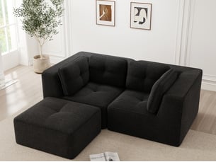 Canapé modulable d’angle 2 places avec pouf mobile en velours côtelé noir, sans montage