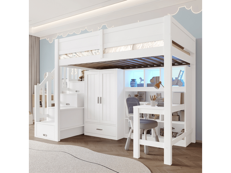  Lit mezzanine 90x200 avec bureau, armoire et escalier de rangement, éclairage led, blanc  - Conforama C