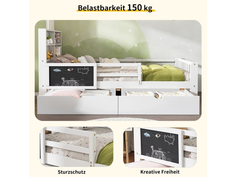  Lit simple 90x200 cm, lit jeune, avec 2 tiroirs, 4 niches ouvertes, barrière, tableau, mdf et bois, blanc, sans matelas  - Conforama D