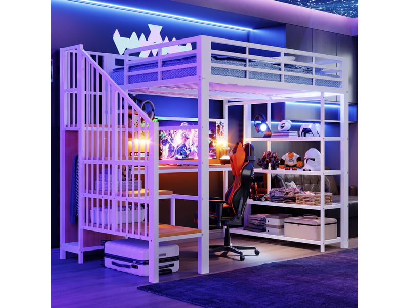  Lit mezzanine 140x200 cm avec bureau, escalier de rangement, led et prise, blanc  - Conforama D