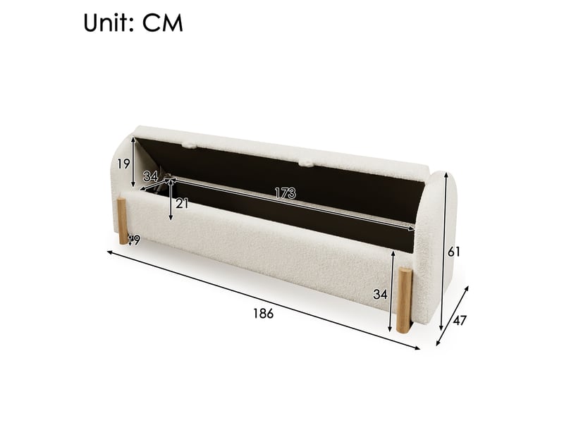  Banc de bout de lit coffre 186 cm en tissu chenille bouclé blanc, fermeture douce  - Conforama E